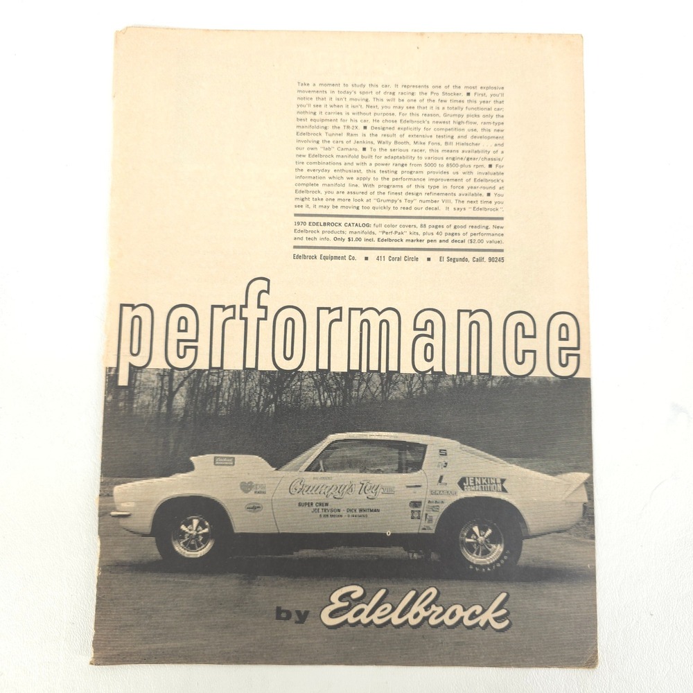 Vintage Chevrolet Camaro Edelbrock Print Ad Drag Racing Mancave Garage Art Decor